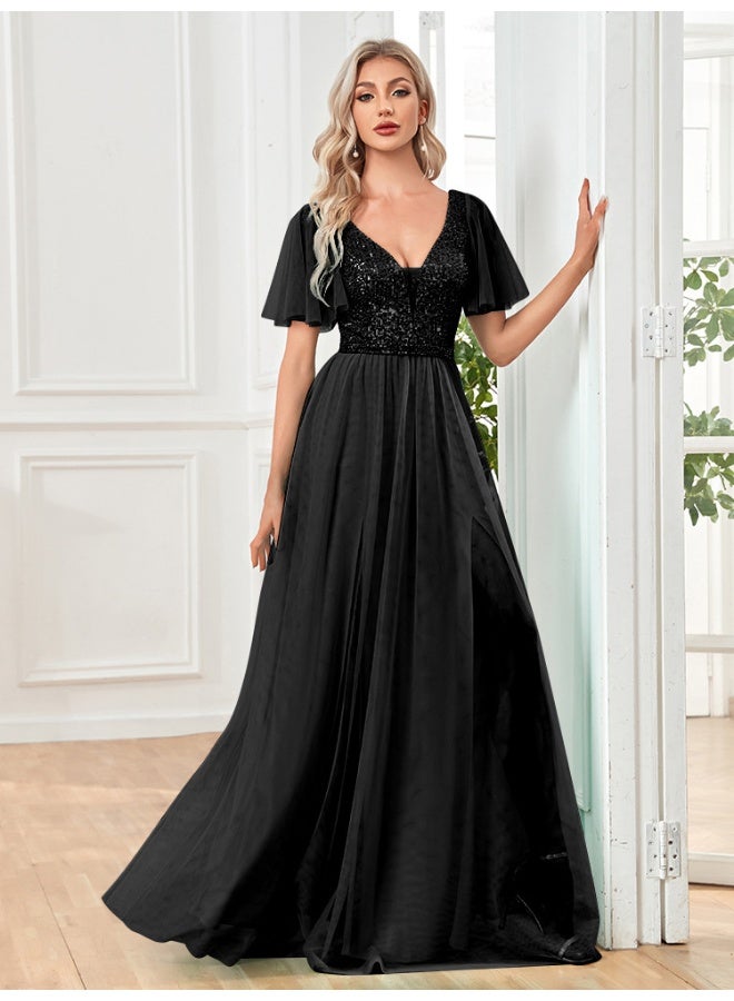 Madam Uniq Black V - Neck Maxi Evening Dress with Sequin Bodice and Flutter Sleeves  - Image 5