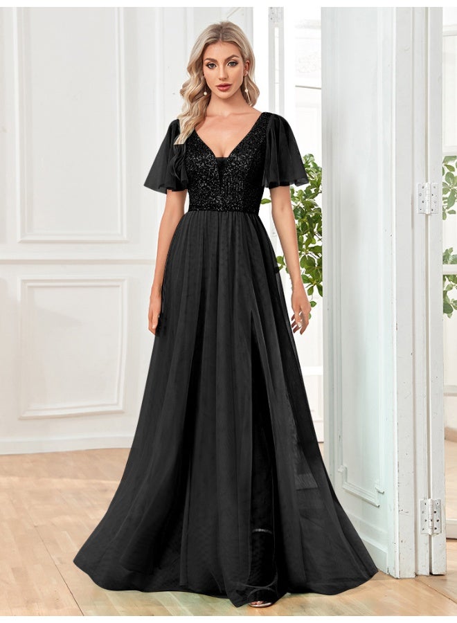 Madam Uniq Black V - Neck Maxi Evening Dress with Sequin Bodice and Flutter Sleeves  - Image 1