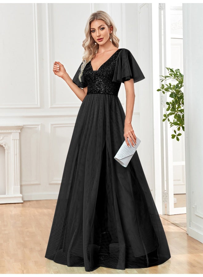 Madam Uniq Black V - Neck Maxi Evening Dress with Sequin Bodice and Flutter Sleeves  - Image 2
