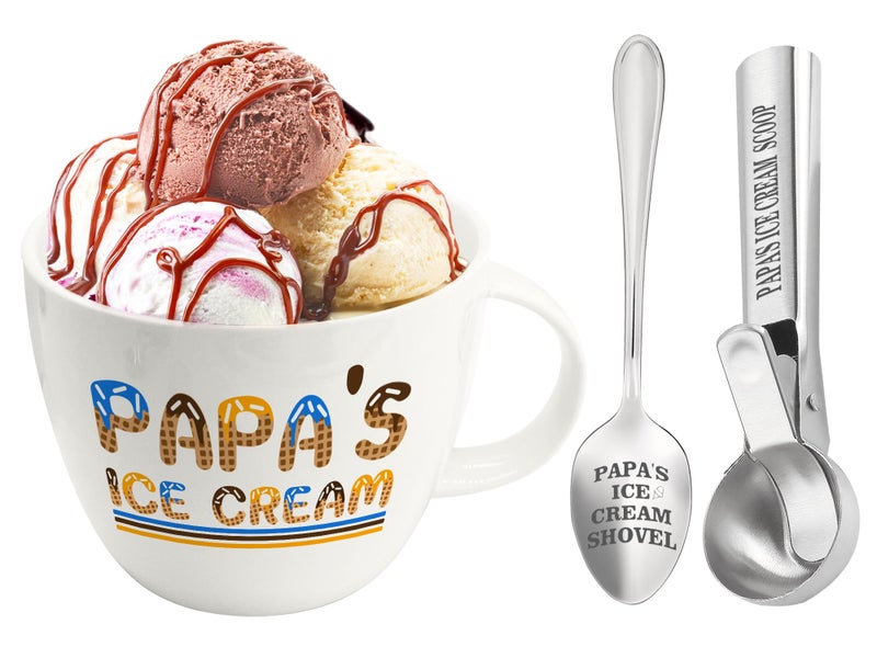 FUTBU Christmas Papa Gifts Gifts for Him Papa Dads Ice Cream Bowl Scoop Shovel Spoon Set Papas Ice Cream Gift Ideal Xmas Birthday Fathers Day Gift for Man