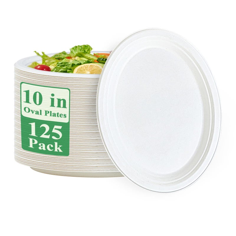 Vplus 100 Compostable Oval Paper Plates 10 inch 125 Pack Super Strong Disposable Paper Plates Bagasse Natural Biodegradable EcoFriendly Sugarcane for BBQ Party Gathering and Picnic
