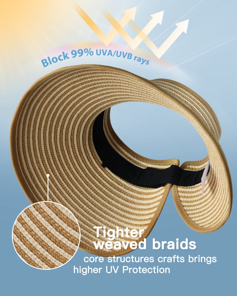 FURTALK Sun Visor Hats for Women Wide Brim Straw Ponytail Summer Beach Hat UV UPF Packable Foldable Travel - Image 2