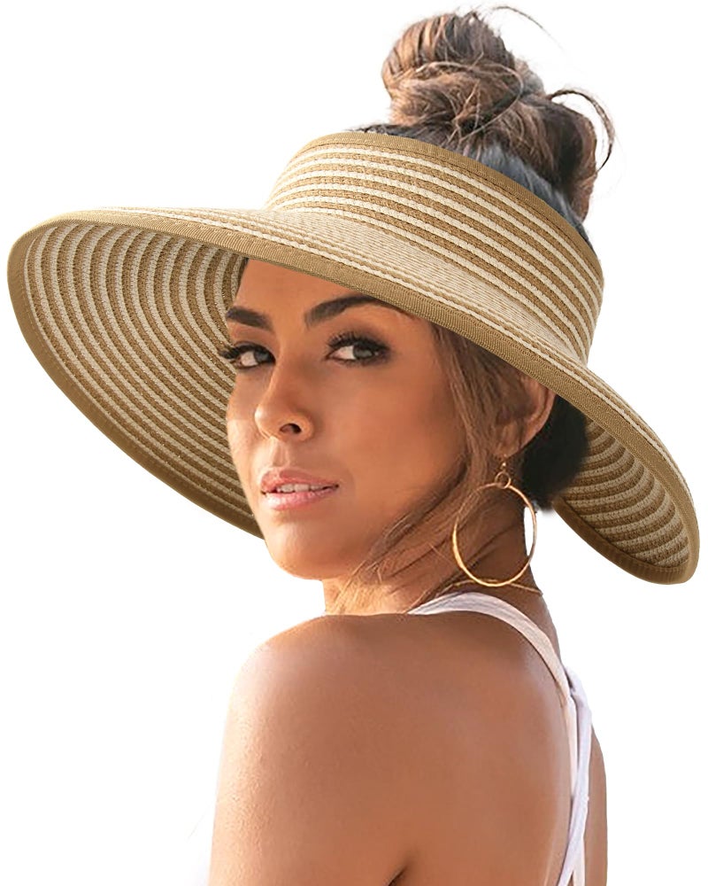 FURTALK Sun Visor Hats for Women Wide Brim Straw Ponytail Summer Beach Hat UV UPF Packable Foldable Travel - Image 1