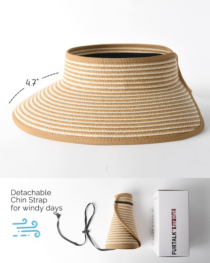 FURTALK Sun Visor Hats for Women Wide Brim Straw Ponytail Summer Beach Hat UV UPF Packable Foldable Travel - Image 3