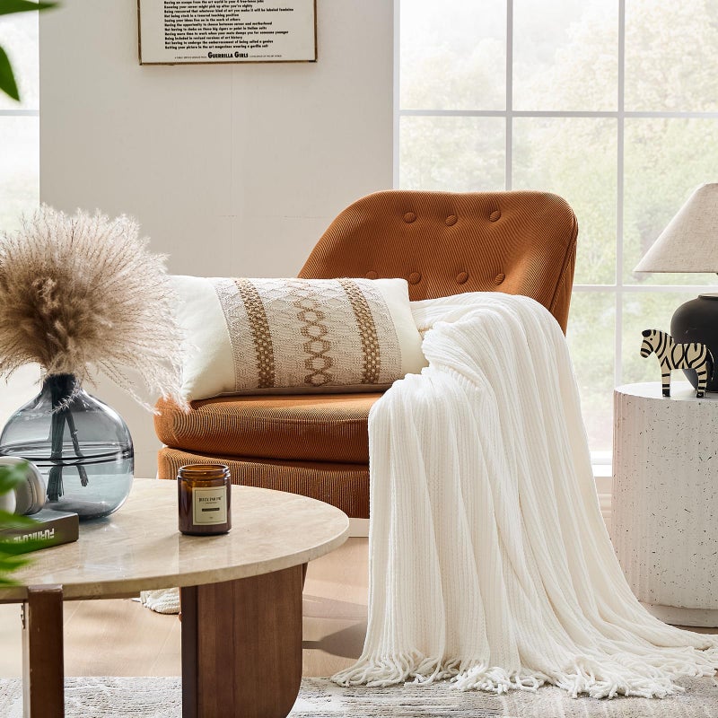 inhand Throw Blanket for Couch Bed,Chunky Chenille Woven Soft Blankets with Tassels,Cozy Boho Farmhouse Spring Summer Fall Decor,Warm Knitted Gifts for Women,50"x60",Medium Thick-Off White - Image 2