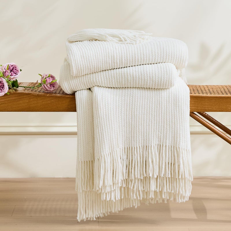 inhand Throw Blanket for Couch Bed,Chunky Chenille Woven Soft Blankets with Tassels,Cozy Boho Farmhouse Spring Summer Fall Decor,Warm Knitted Gifts for Women,50"x60",Medium Thick-Off White - Image 5