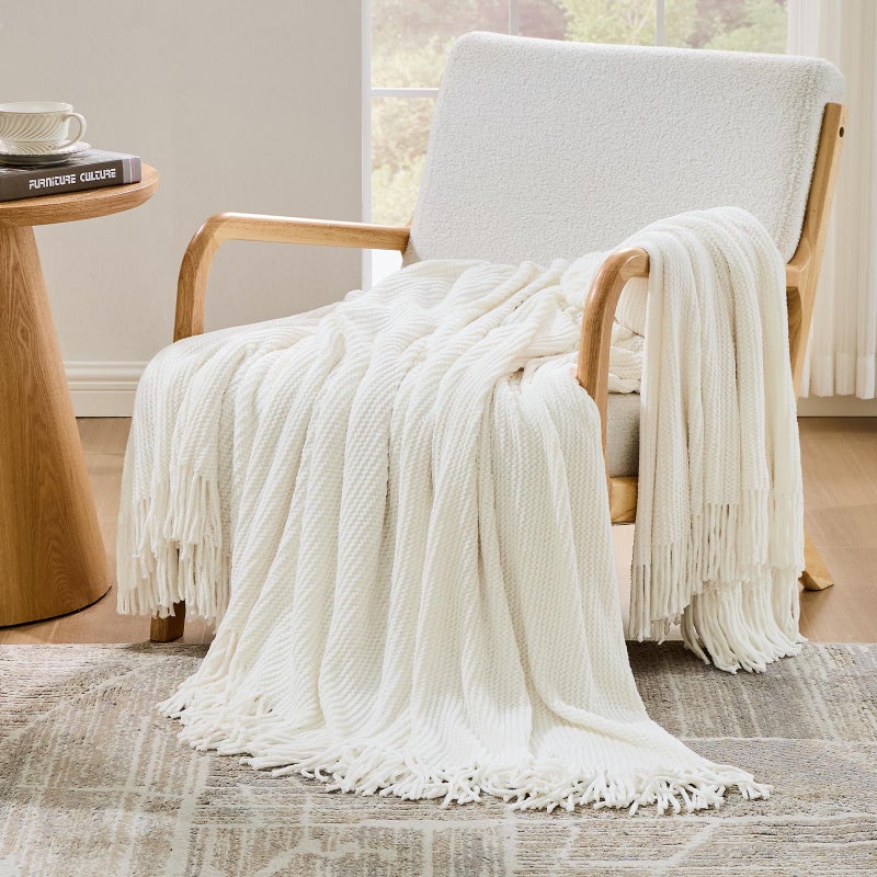 inhand Throw Blanket for Couch Bed,Chunky Chenille Woven Soft Blankets with Tassels,Cozy Boho Farmhouse Spring Summer Fall Decor,Warm Knitted Gifts for Women,50"x60",Medium Thick-Off White - Image 4