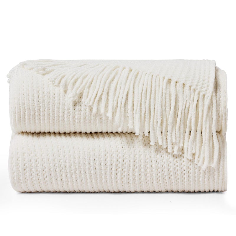 inhand Throw Blanket for Couch Bed,Chunky Chenille Woven Soft Blankets with Tassels,Cozy Boho Farmhouse Spring Summer Fall Decor,Warm Knitted Gifts for Women,50"x60",Medium Thick-Off White - Image 1