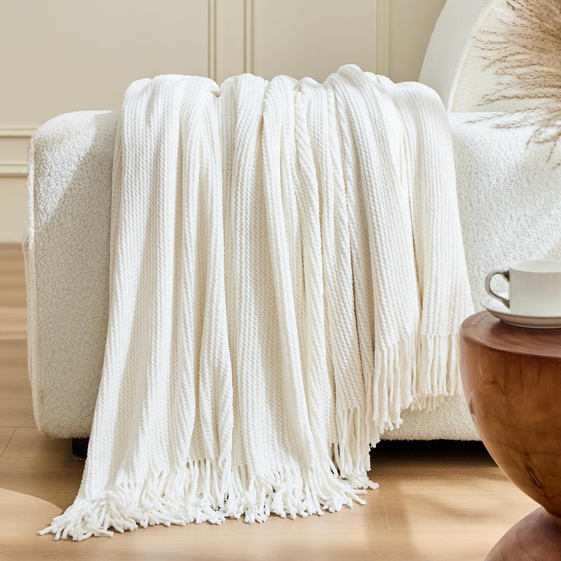 inhand Throw Blanket for Couch Bed,Chunky Chenille Woven Soft Blankets with Tassels,Cozy Boho Farmhouse Spring Summer Fall Decor,Warm Knitted Gifts for Women,50"x60",Medium Thick-Off White - Image 3