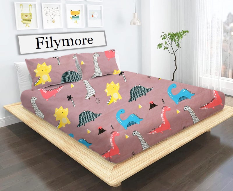 Filymore Danasour Kid bedsheet for Double Bed Microfiber 240 TC Soft Cartoon bedsheet |Cute bedcover Queen Size (90x90 Inches/Boys and Girls Room)(Brown) - Image 1