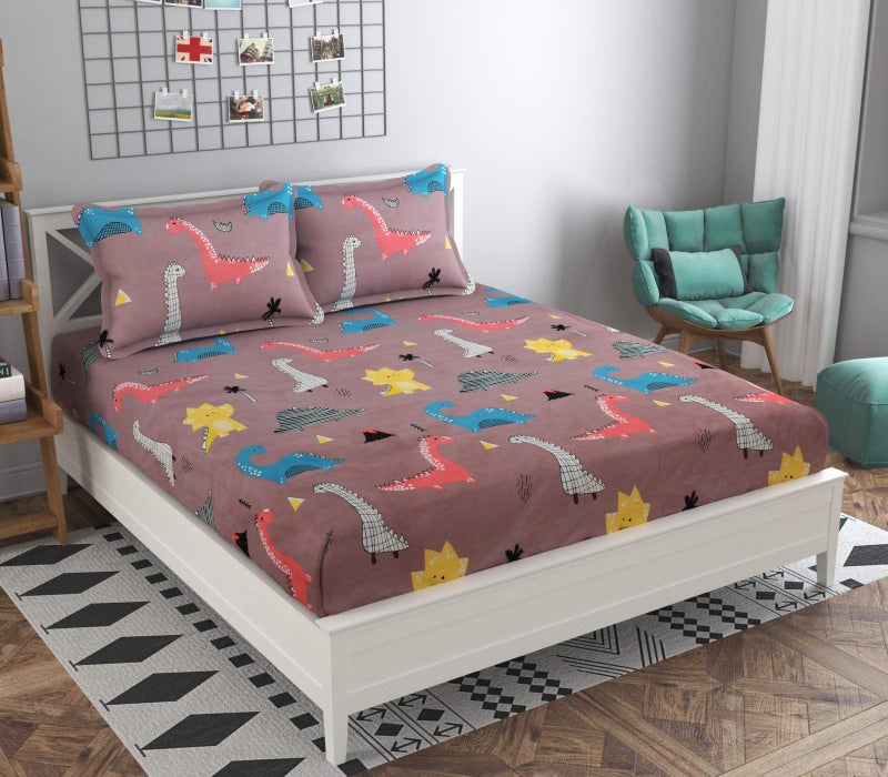 Filymore Danasour Kid bedsheet for Double Bed Microfiber 240 TC Soft Cartoon bedsheet |Cute bedcover Queen Size (90x90 Inches/Boys and Girls Room)(Brown) - Image 2