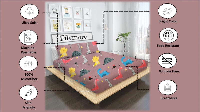 Filymore Danasour Kid bedsheet for Double Bed Microfiber 240 TC Soft Cartoon bedsheet |Cute bedcover Queen Size (90x90 Inches/Boys and Girls Room)(Brown) - Image 3