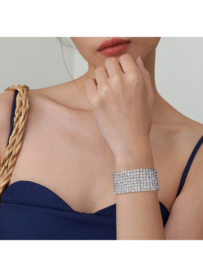Zealmer Women Clear Rhinestone 8 Row Stretch Bracelet Silver Tone(Small) - Image 3