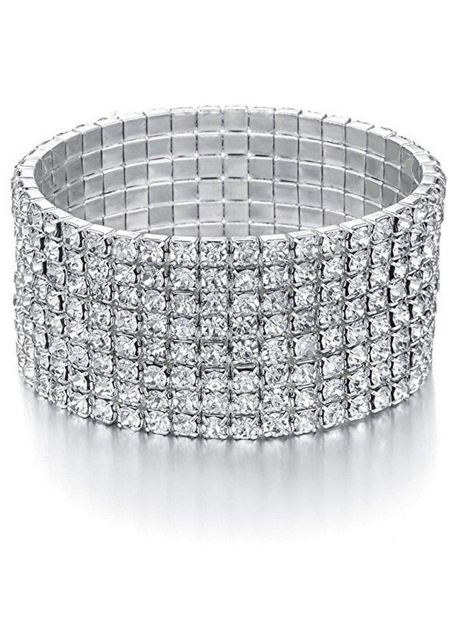 Zealmer Women Clear Rhinestone 8 Row Stretch Bracelet Silver Tone(Small) - Image 1