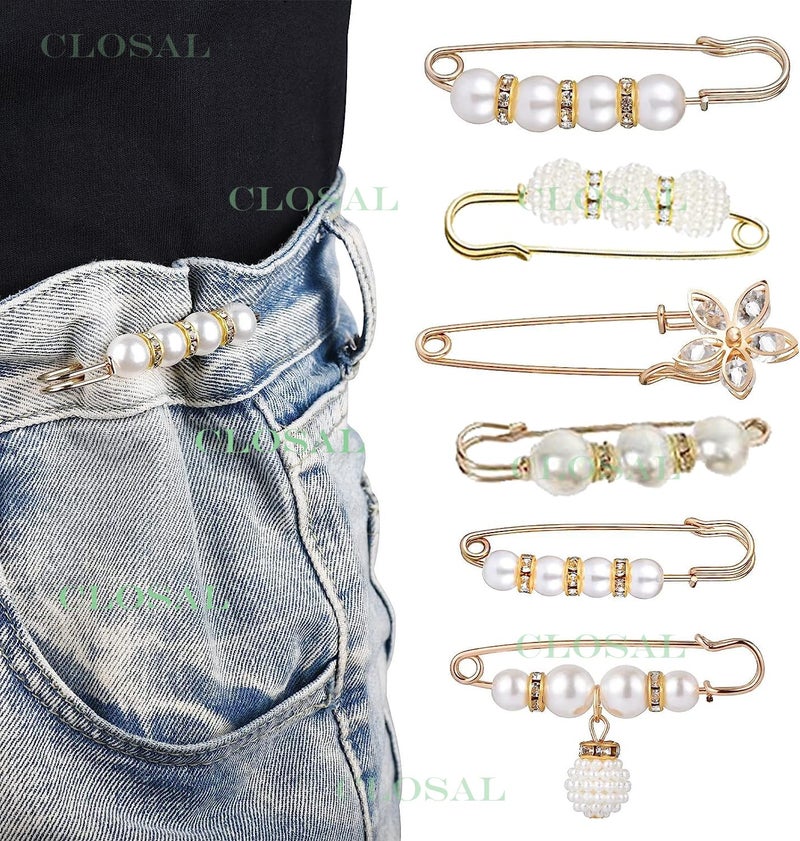 CLOSAL ® 6 PCS Pearl Safety Pin Brooch, Fashion Faux Pearl Pins, Neckline Artificial Pearls White Safety Brooch for Women & Girls - Image 2