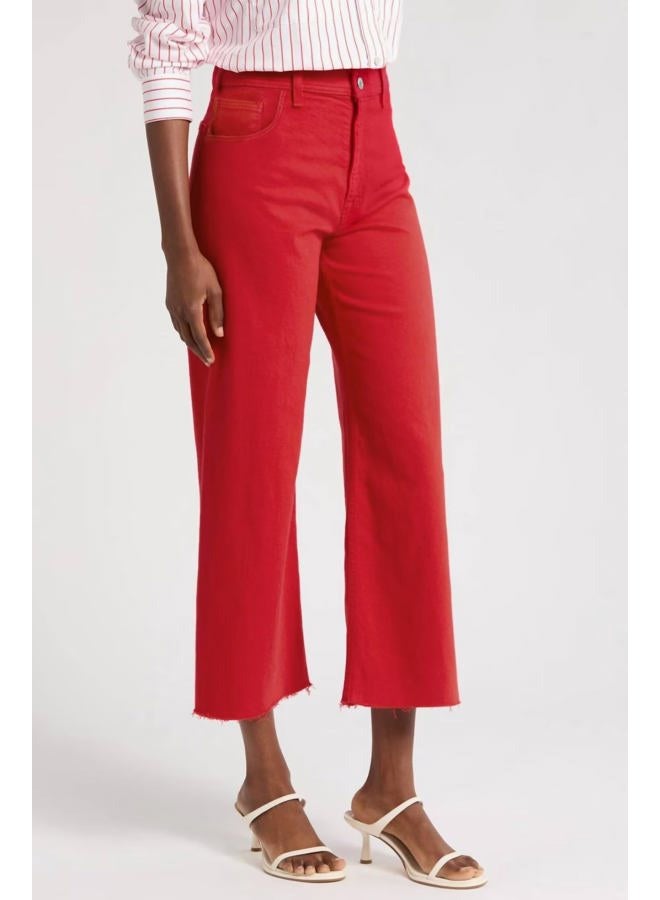 Allimy Women's High Waisted Straight Ankle Wide Leg Ripped Jeans Frayed Hem Stretchy Capri Denim Pants, Red, 14 - Image 3