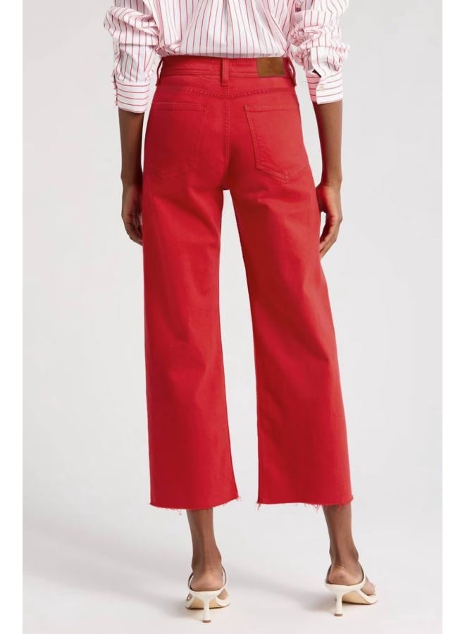 Allimy Women's High Waisted Straight Ankle Wide Leg Ripped Jeans Frayed Hem Stretchy Capri Denim Pants, Red, 14 - Image 4