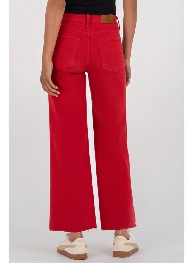 Allimy Women's High Waisted Straight Ankle Wide Leg Ripped Jeans Frayed Hem Stretchy Capri Denim Pants, Red, 14 - Image 2