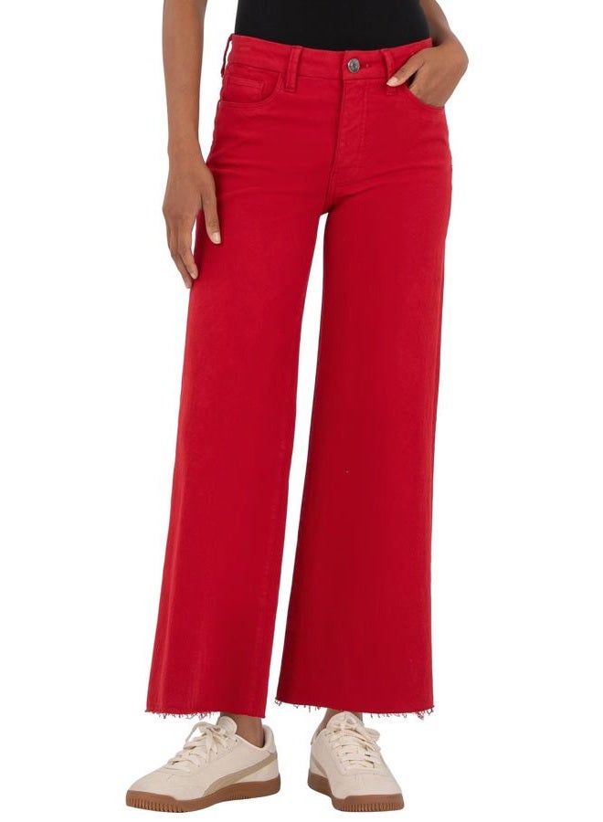 Allimy Women's High Waisted Straight Ankle Wide Leg Ripped Jeans Frayed Hem Stretchy Capri Denim Pants, Red, 14 - Image 1