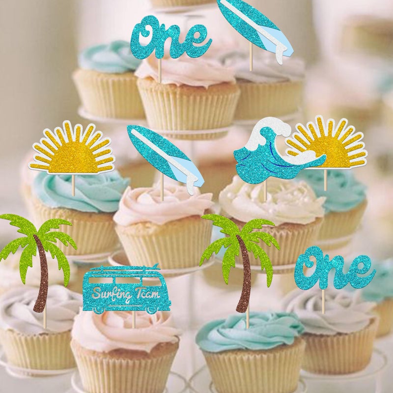 Rsstarxi 24 Pack Surfing Theme First Birthday Cupcake Toppers The Big One Party Decorations Surfboard Sport Cupcake Picks for Summer Beach Baby Shower 1st Birthday Party Decorations - Image 3
