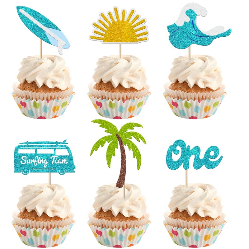 Rsstarxi 24 Pack Surfing Theme First Birthday Cupcake Toppers The Big One Party Decorations Surfboard Sport Cupcake Picks for Summer Beach Baby Shower 1st Birthday Party Decorations - Image 1
