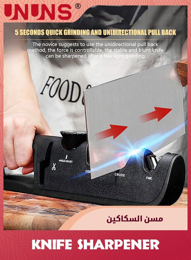 UNUNS مبراة سكاكين المطبخ 4 في 1، زاوية قابلة للتعديل من 14 إلى 24 درجة للسكاكين، 4 مراحل لشحذ السكاكين، تتضمن فتحة لشحذ المقص وشفرات مسننة - Image 4
