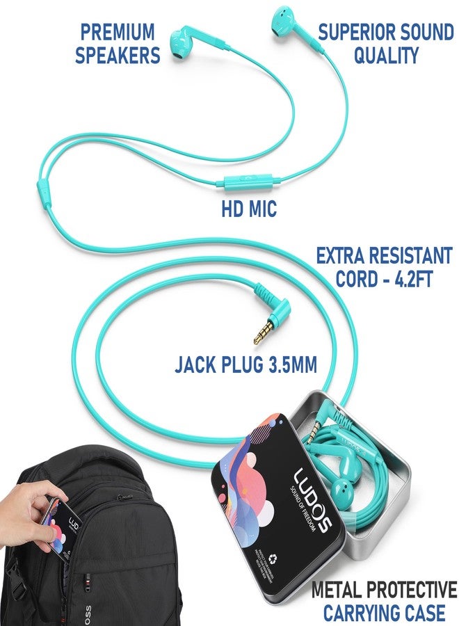 LUDOS Ferox In-Ear Headphones with Cable and Microphone, In-Ear Earphones, 3.5 mm Jack Plug Earbuds, Rich Bass Earphones, Headphones for iPhone, iPad, Samsung - Turquoise - Image 2