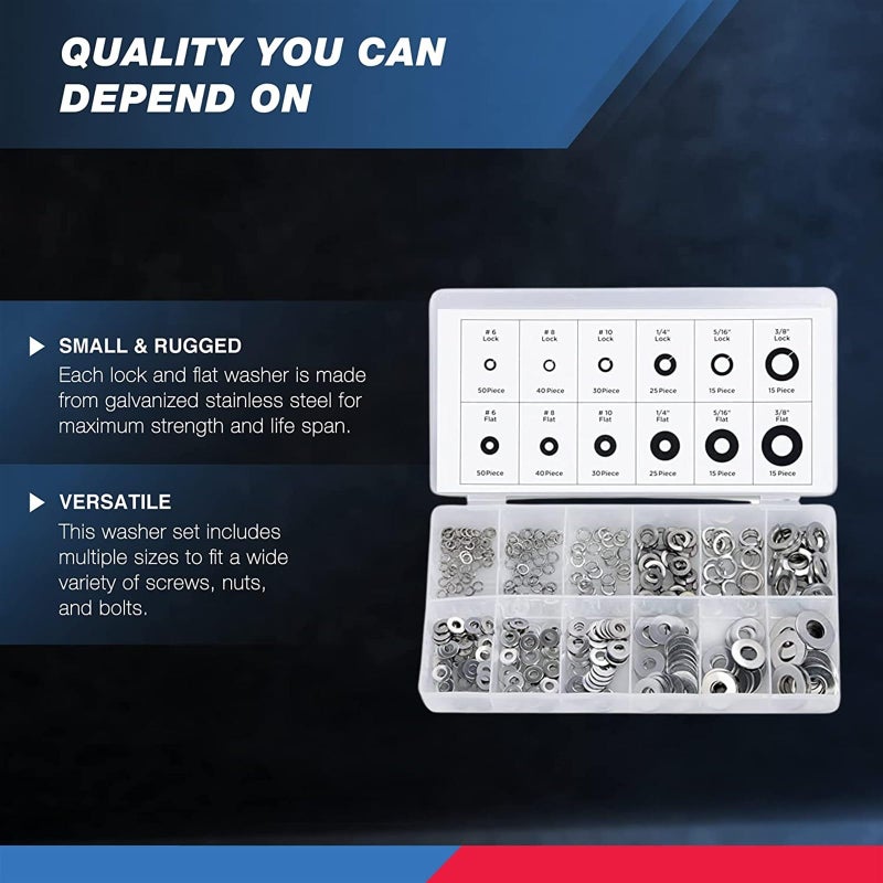 يُسلِّم مجموعة غسالات قفل مسطحة من الفولاذ المقاوم للصدأ 50400A | طقم من 350 قطعة | 12 مقاسًا مختلفًا بتصميم قفل زنبركي ومسطح | تمنع ارتخاء المثبتات - Image 2