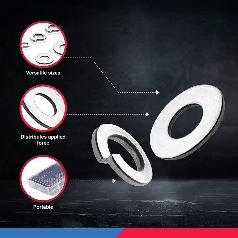 يُسلِّم مجموعة غسالات قفل مسطحة من الفولاذ المقاوم للصدأ 50400A | طقم من 350 قطعة | 12 مقاسًا مختلفًا بتصميم قفل زنبركي ومسطح | تمنع ارتخاء المثبتات - Image 3