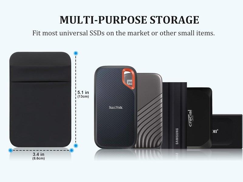 Lacdo Portable Hard Drive Sleeve for Laptop, 2-Pocket Stick on Pouch with Reusable Adhesive, for San Disk, Samsung, Crucial External Solid State Drive SSD Hard Drive Carrying Case Organizer, Black - Image 2