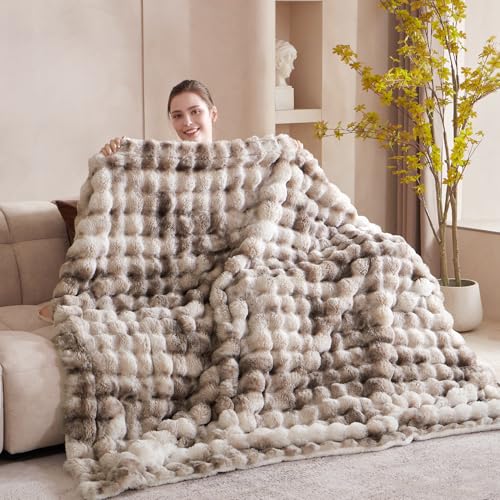 Serenhom 50x60 Inches Ultra-Soft Fuzzy Faux Fur Plush Throw Blanket - Thick, Warm Sherpa for Couch, Sofa, Bedroom, Camping - Decorative Blanket for Cozy Warmth, Bubble Brown Tie Dye - Image 4