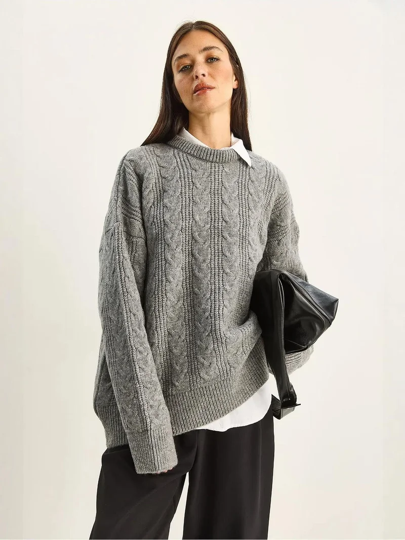 Bianco Lucci LUCCI Oversize Crew Neck Thick Knit Sweater