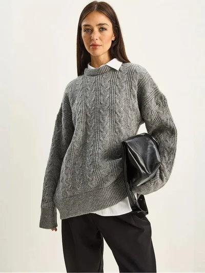 Bianco Lucci LUCCI Oversize Crew Neck Thick Knit Sweater