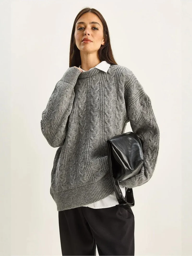 Bianco Lucci LUCCI Oversize Crew Neck Thick Knit Sweater