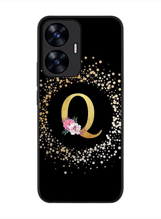 Stylizedd Cover for Realme C55 4G Case , Rugged Black Slim fit Thin Protective Phone Cases -  Custom Monogram Initial Letter Floral Pattern Alphabet - Q (Black) - Image 1