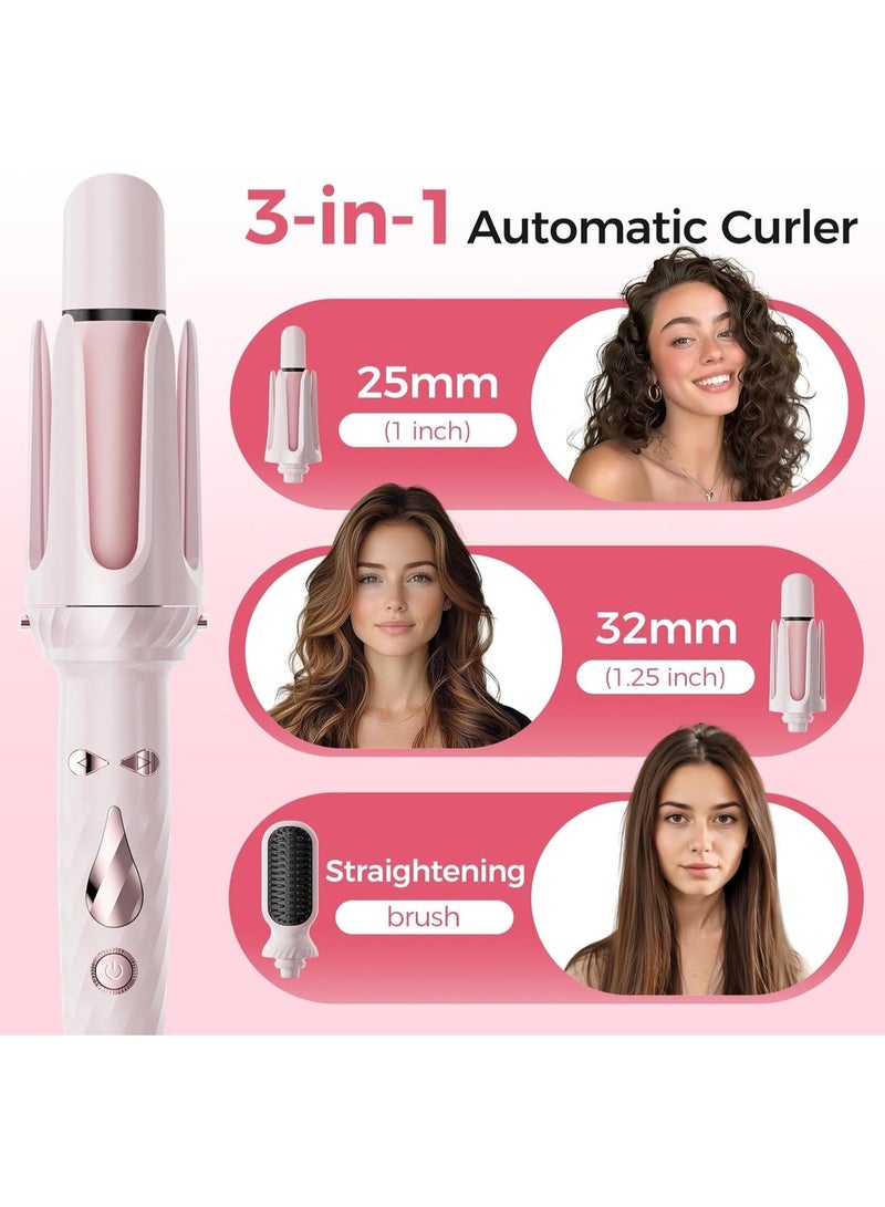 Multifunctional Automatic Curling Iron, Beach Wave Curling Wand, Portable Rotating Curler, Dual Voltage, Lightweight and Portable, Ceramic Coated, Straightening Brush, 1inch and 1.25 inch 3-in-1, Pink - Image 2