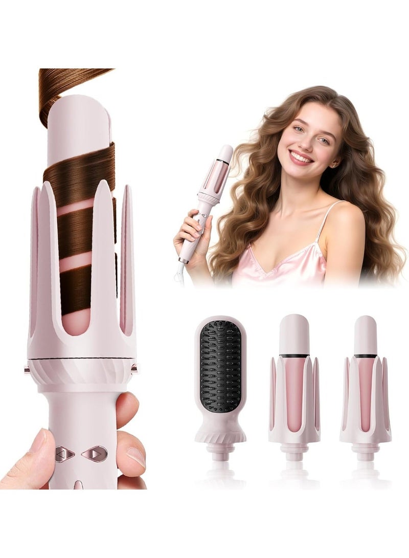 Multifunctional Automatic Curling Iron, Beach Wave Curling Wand, Portable Rotating Curler, Dual Voltage, Lightweight and Portable, Ceramic Coated, Straightening Brush, 1inch and 1.25 inch 3-in-1, Pink - Image 1