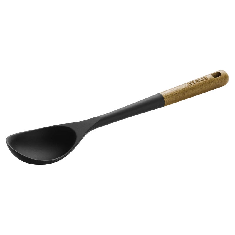 STAUB Serving Spoon, Great for Scooping Sides and Serving Hearty Stews, Durable BPA-Free Matte Black Silicone, Acacia Wood Handles, Safe for Nonstick Cooking Surfaces - Image 1
