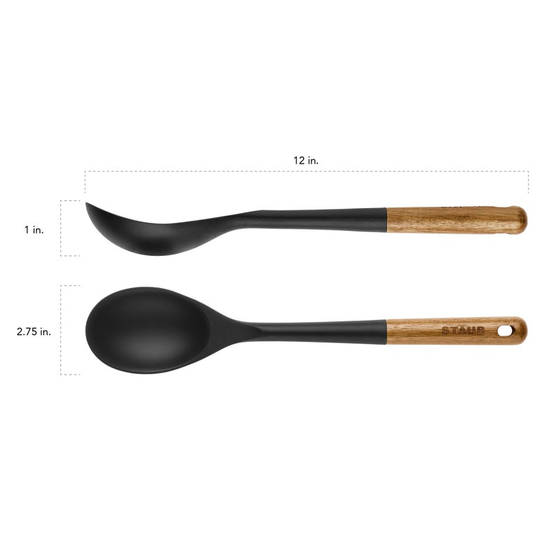 STAUB Serving Spoon, Great for Scooping Sides and Serving Hearty Stews, Durable BPA-Free Matte Black Silicone, Acacia Wood Handles, Safe for Nonstick Cooking Surfaces - Image 3