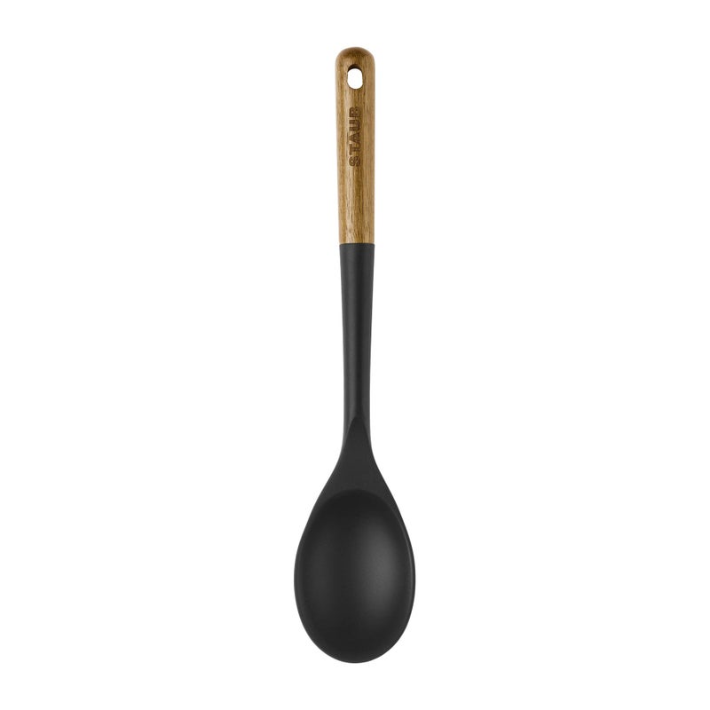 STAUB Serving Spoon, Great for Scooping Sides and Serving Hearty Stews, Durable BPA-Free Matte Black Silicone, Acacia Wood Handles, Safe for Nonstick Cooking Surfaces - Image 4