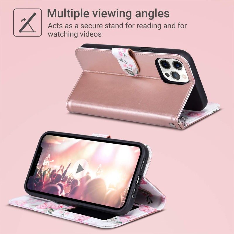 ULAK Compatible with iPhone 12 Pro Max Wallet Case with Card Holder, PU Leather Case with Kickstand Card Slots Wrist Strap, Durable Shockproof Protective Cover 6.7 Inch, Rose Gold Flower - Image 4