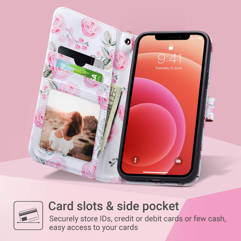 ULAK Compatible with iPhone 12 Pro Max Wallet Case with Card Holder, PU Leather Case with Kickstand Card Slots Wrist Strap, Durable Shockproof Protective Cover 6.7 Inch, Rose Gold Flower - Image 3