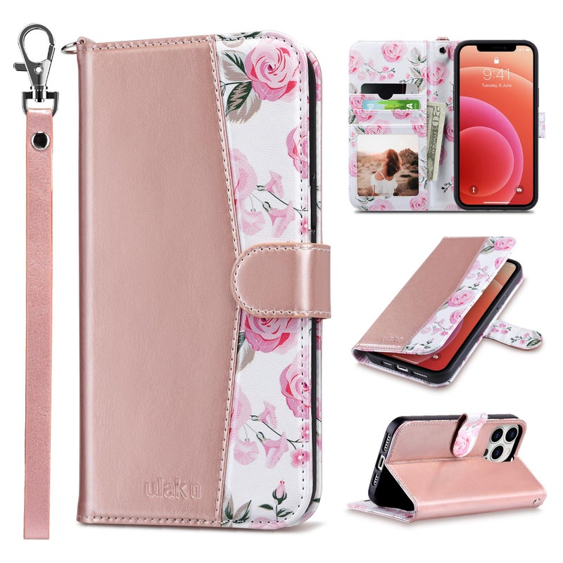 ULAK Compatible with iPhone 12 Pro Max Wallet Case with Card Holder, PU Leather Case with Kickstand Card Slots Wrist Strap, Durable Shockproof Protective Cover 6.7 Inch, Rose Gold Flower - Image 1