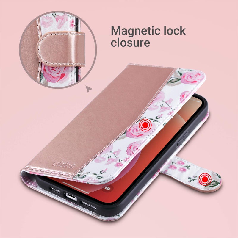 ULAK Compatible with iPhone 12 Pro Max Wallet Case with Card Holder, PU Leather Case with Kickstand Card Slots Wrist Strap, Durable Shockproof Protective Cover 6.7 Inch, Rose Gold Flower - Image 5