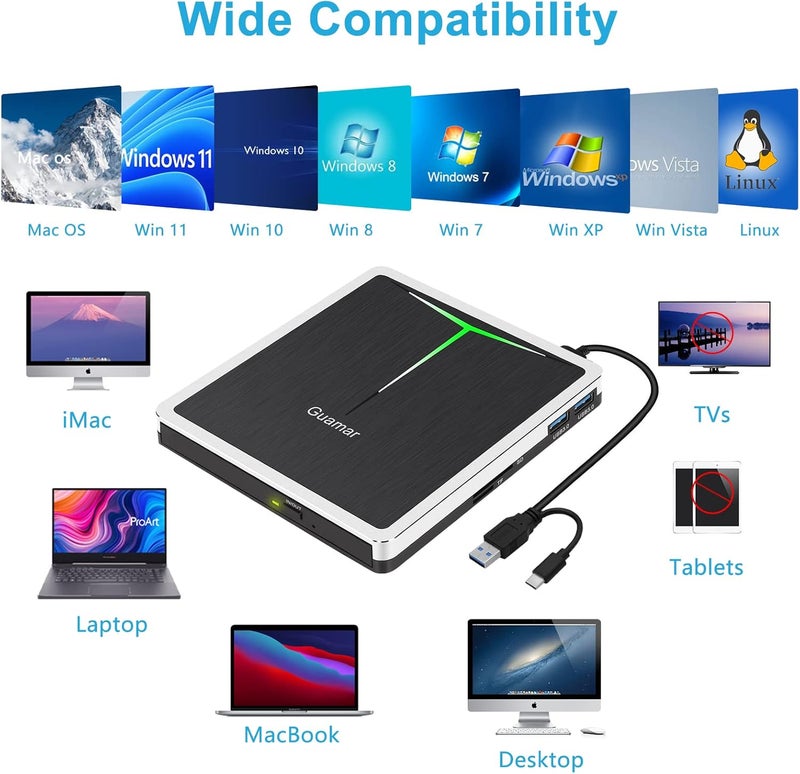 Guamar External DVD Drive for PC: USB-C CD Burner Player for Laptop Mac Windows 11 with SD/TF Slot/2 USB Ports/Carrying Case Read Write Music/Movie/Photo Portable Plug & Play - Image 5