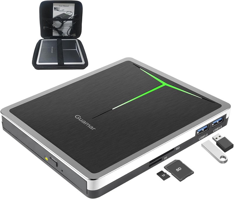 Guamar External DVD Drive for PC: USB-C CD Burner Player for Laptop Mac Windows 11 with SD/TF Slot/2 USB Ports/Carrying Case Read Write Music/Movie/Photo Portable Plug & Play - Image 1
