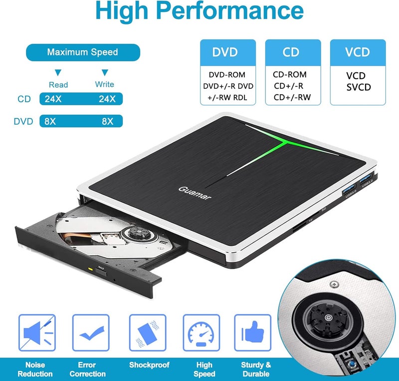 Guamar External DVD Drive for PC: USB-C CD Burner Player for Laptop Mac Windows 11 with SD/TF Slot/2 USB Ports/Carrying Case Read Write Music/Movie/Photo Portable Plug & Play - Image 4