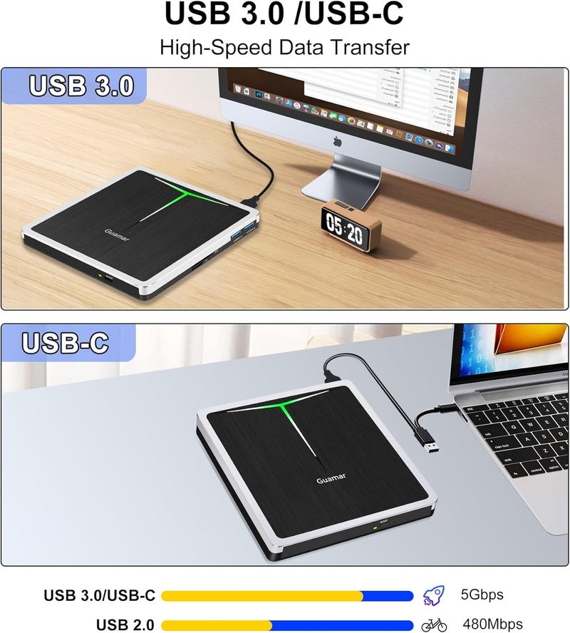 Guamar External DVD Drive for PC: USB-C CD Burner Player for Laptop Mac Windows 11 with SD/TF Slot/2 USB Ports/Carrying Case Read Write Music/Movie/Photo Portable Plug & Play - Image 3