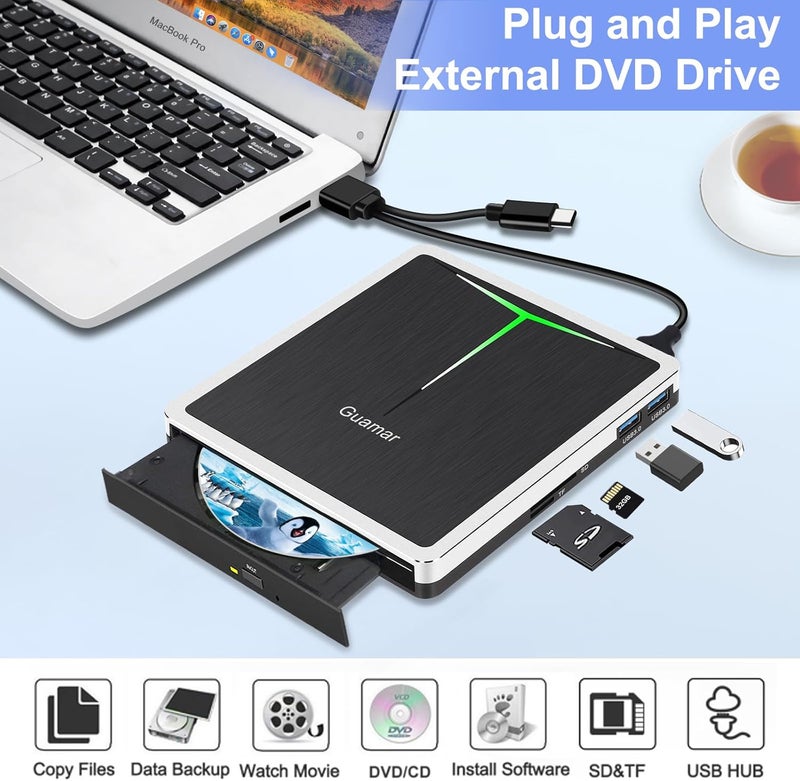 Guamar External DVD Drive for PC: USB-C CD Burner Player for Laptop Mac Windows 11 with SD/TF Slot/2 USB Ports/Carrying Case Read Write Music/Movie/Photo Portable Plug & Play - Image 2