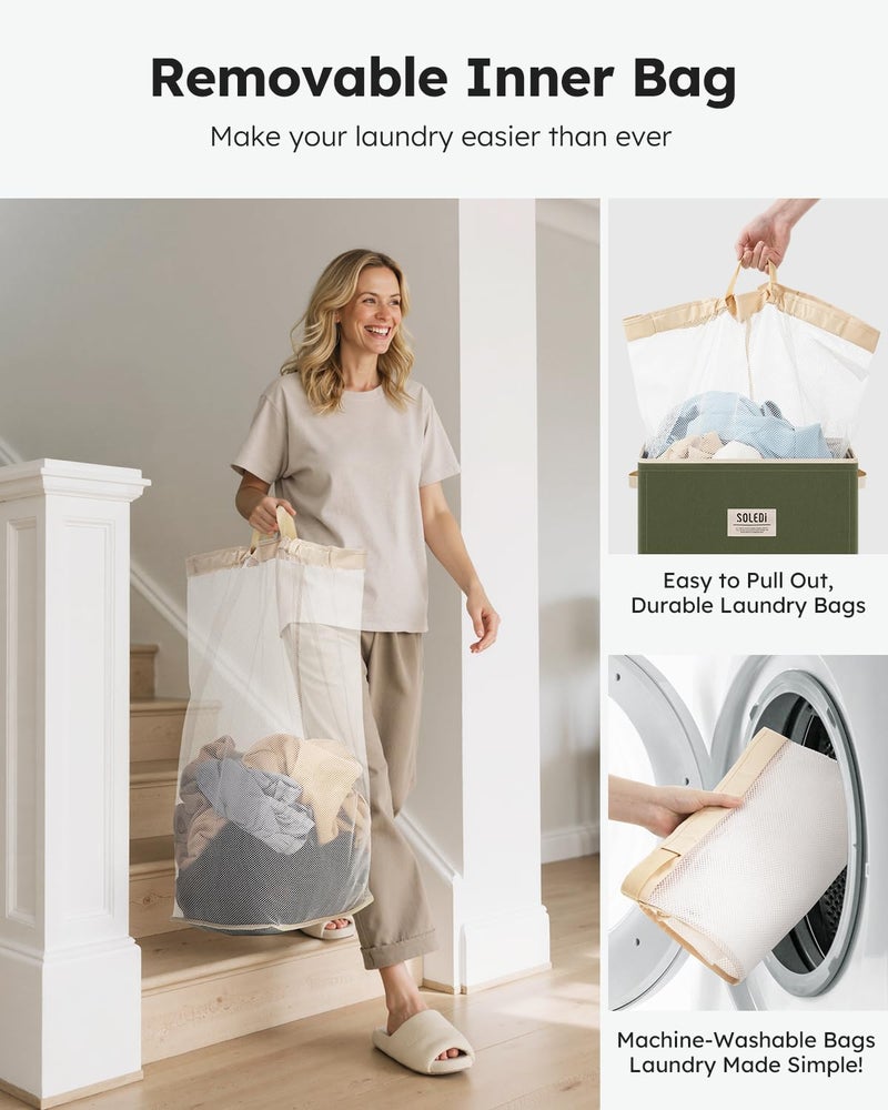 SOLEDI Laundry Hamper with Lid 100L Large & Tall Collapsible Laundry Basket, Clothes Hamper with Bag Removable Easy to Carry, Dirty Hampers for Bedroom, Bathroom, Dorm, College, Avocado - Image 4